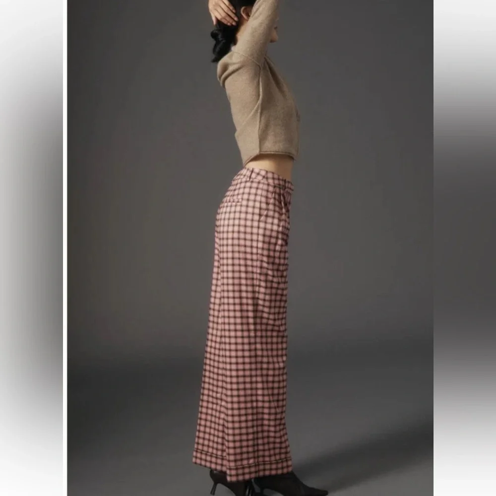 Anthropologie FRNCH Pink and Black Plaid Wide Leg Pants S